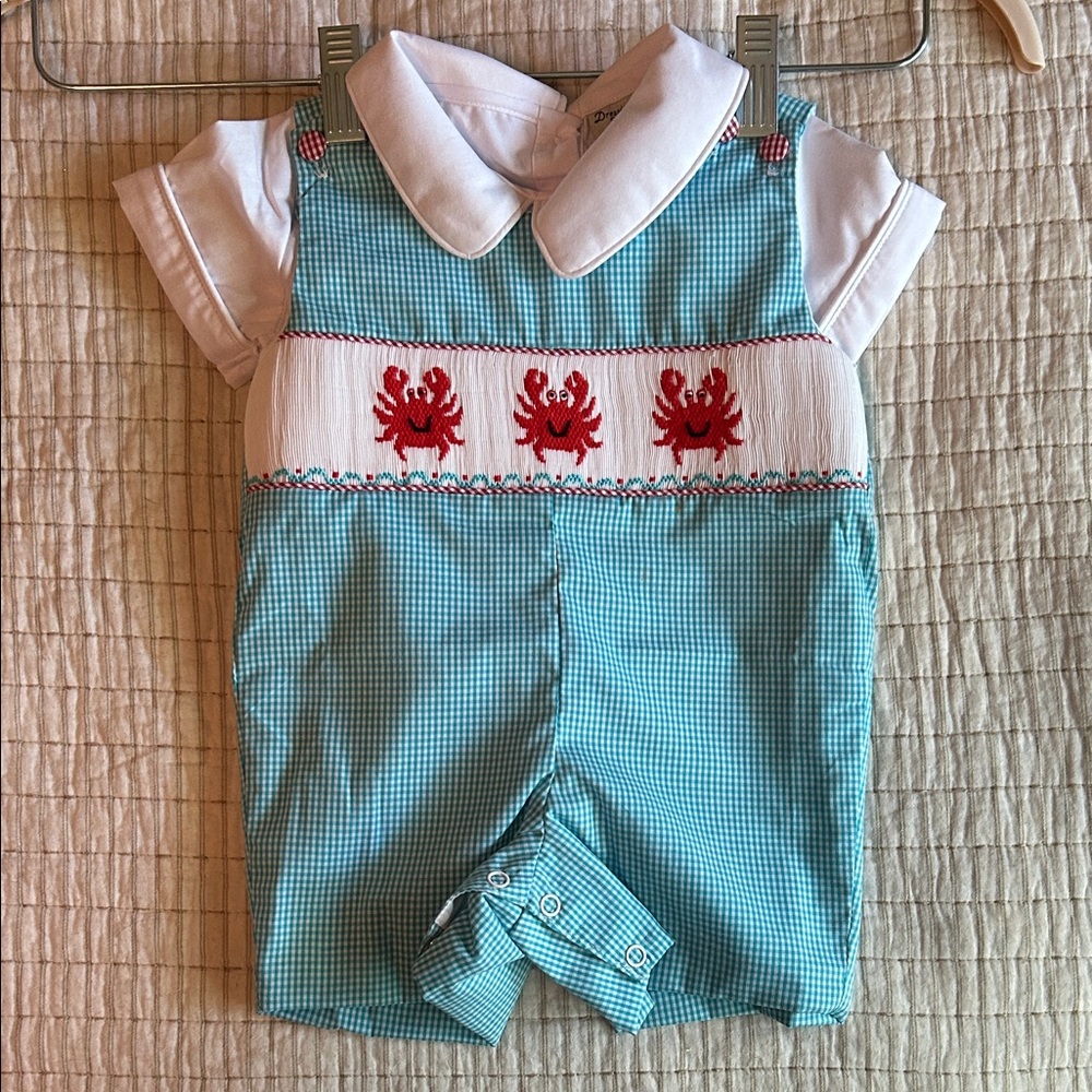 Blue&White Baby Romper w/Red Crab Design Dressie Jessie Overalls & Shirt NWOT